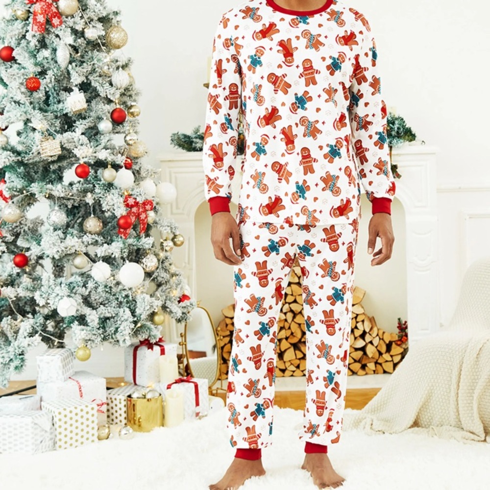 Patpat Men Cartoon Gingerbread Man Allover Print Red White PJS Christmas Pajama